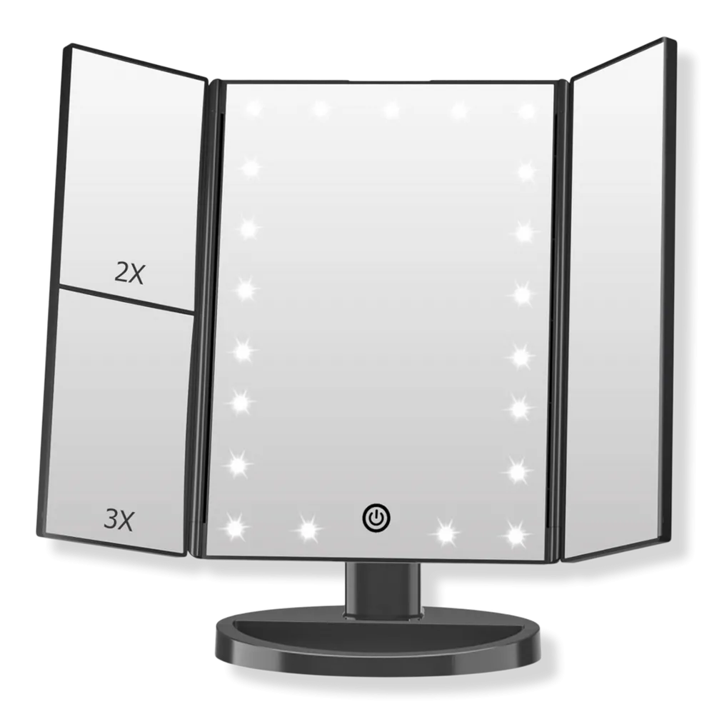 Trifold LED Makeup Mirror with Touch Dimmable Lighting & Multi-Magnification by FASCINATE