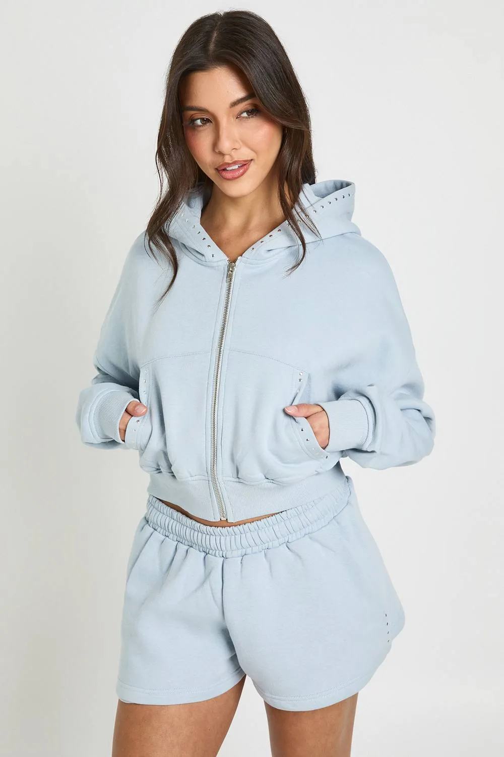Stud Detail Boxy Crop Zip Through Hoodie by boohoo