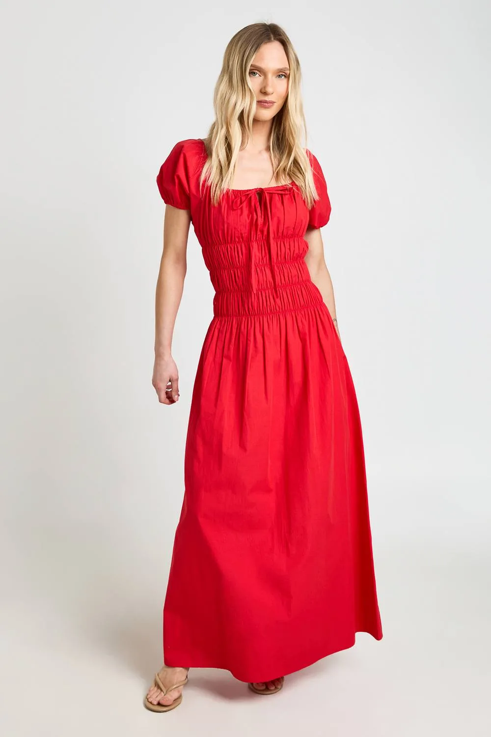Cotton Poplin Shirred Bodice Puff Sleeve Maxi Dress by boohoo