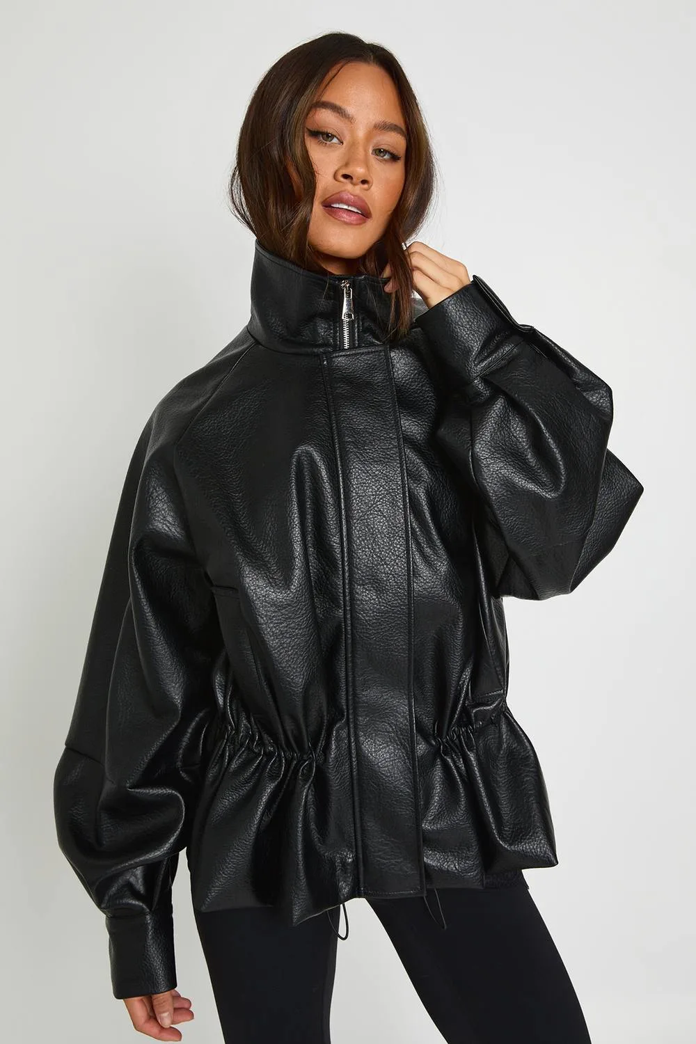 Pebbled Faux Leather Cinched Waist Funnel Neck Jacket by boohoo