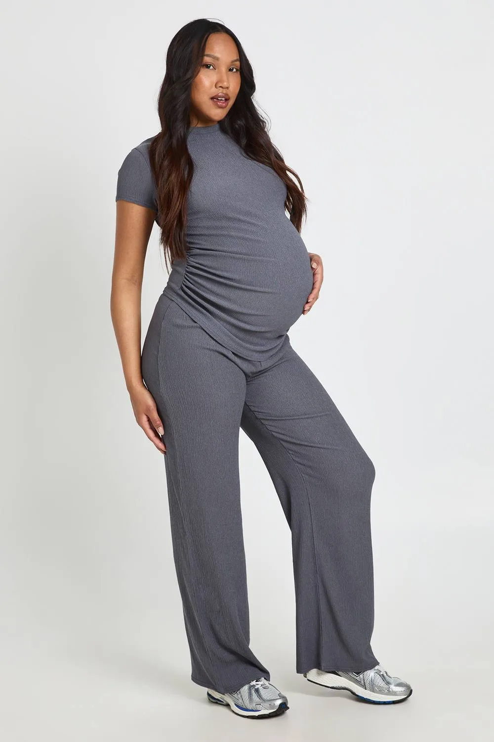 Maternity Ruched Side T-Shirt & Wide Leg Co Ord Trouser by boohoo