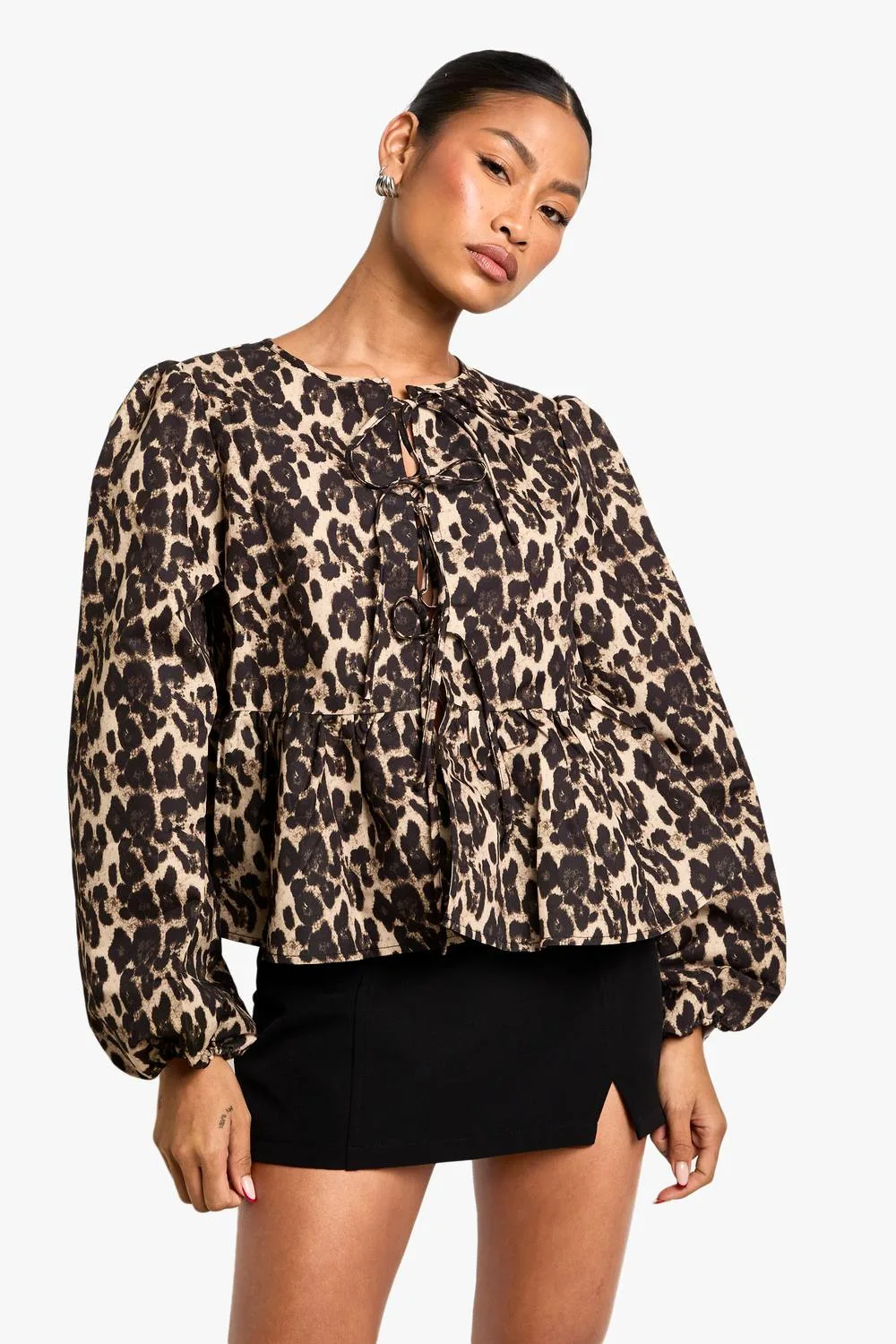 Tie Front Puff Long Sleeve Smock Top by boohoo