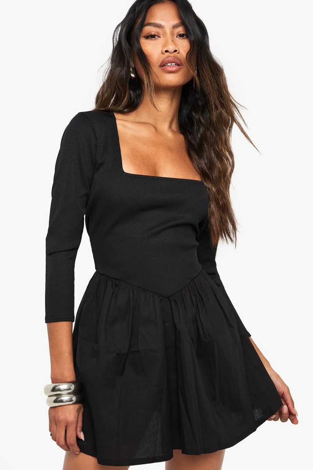 Jersey Rib Cotton Mix Long Sleeve Mini Dress by boohoo