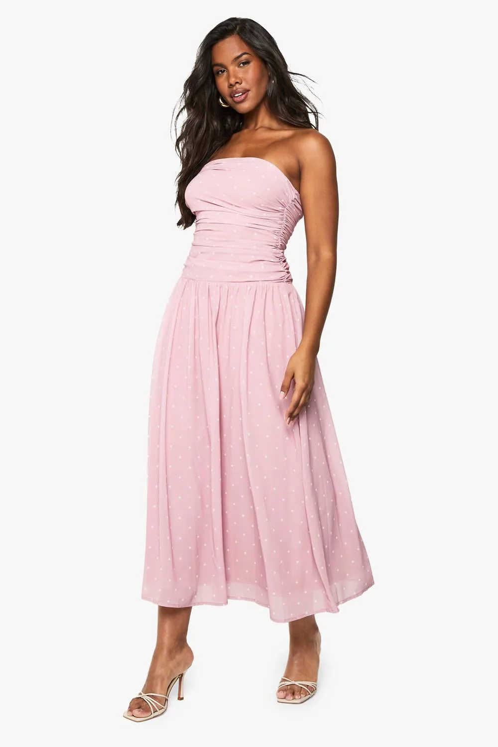 Chiffon Polka Dot Bandeau Midaxi Dress by boohoo