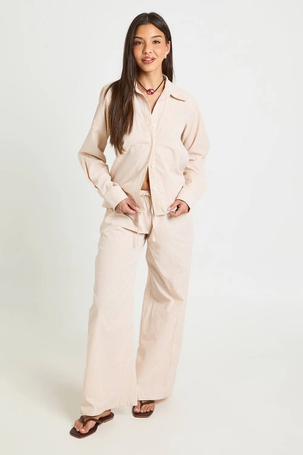 Cotton Poplin Stripe Wide Leg Trousers by boohoo