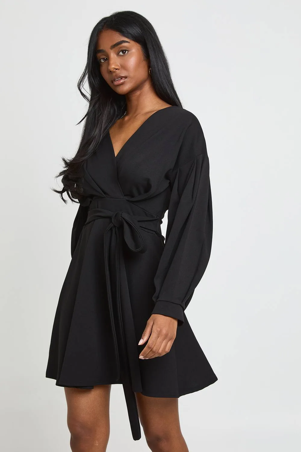 Off the Shoulder Wrap Front Mini Dress by boohoo