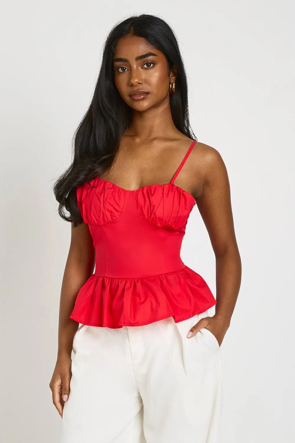 Ruched Bust Poplin Peplum Hem Top by boohoo