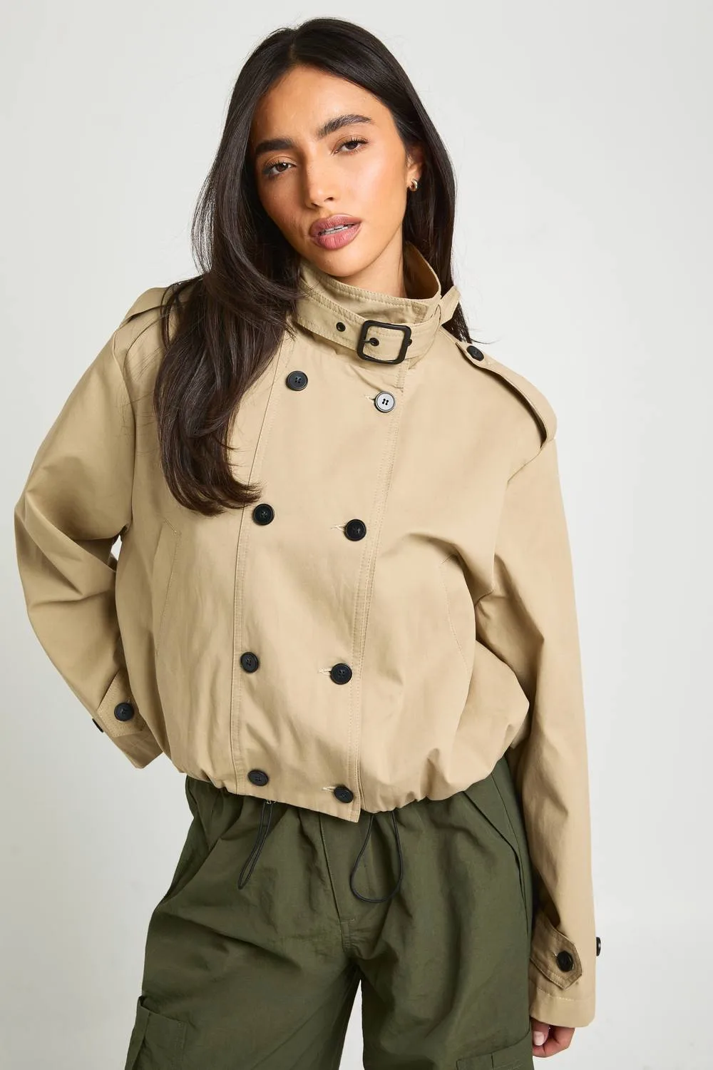 Double Breasted Funnel Neck Short Trench Coat by boohoo