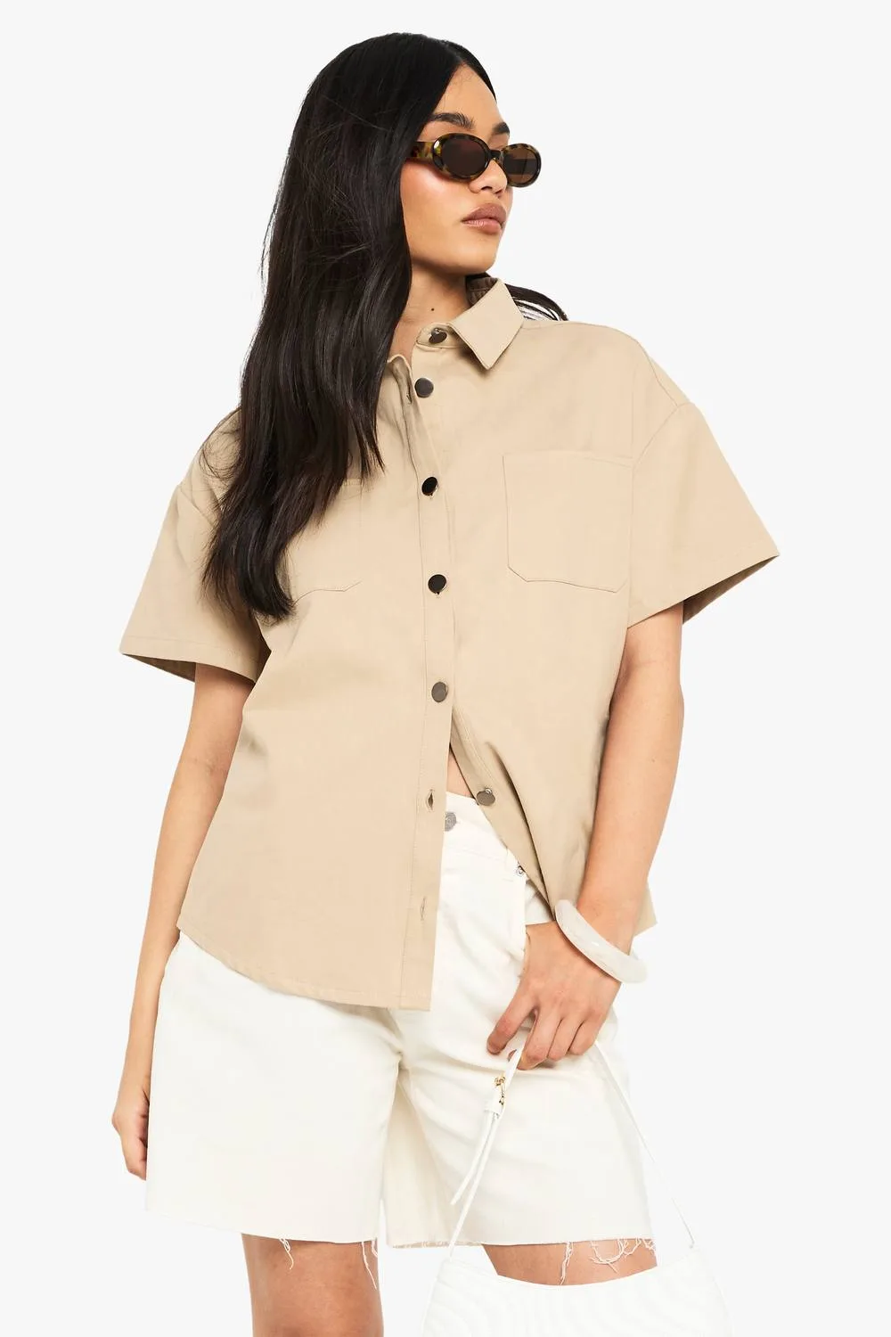 Twill Short Sleeve Shirt - Stone by boohoo