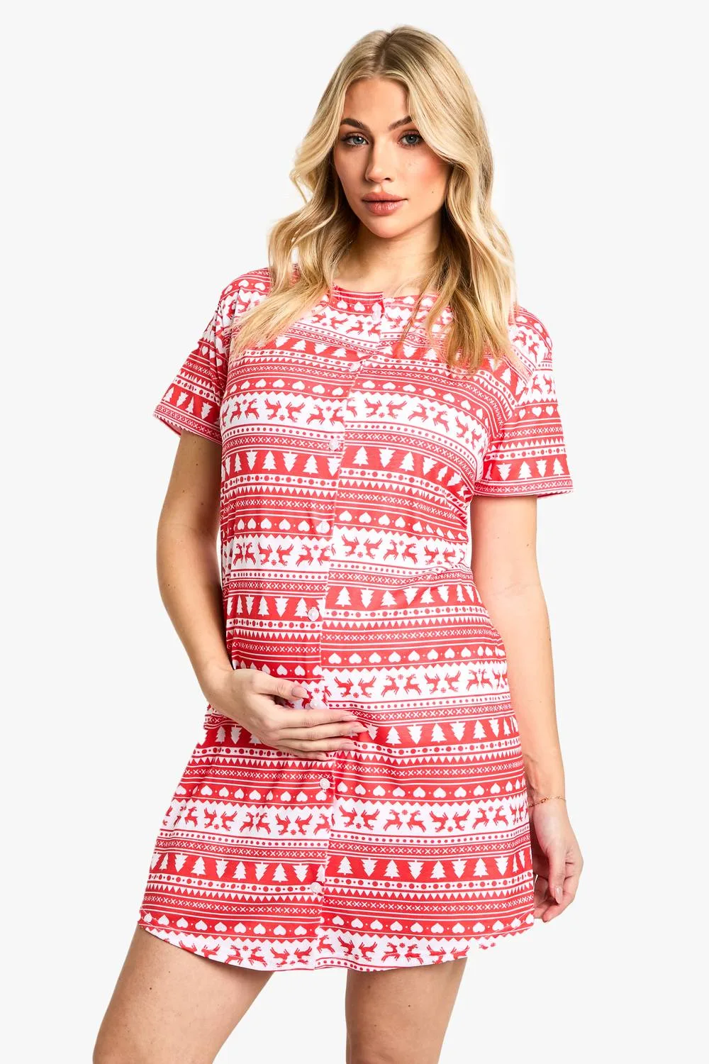 Maternity Christmas Fairisle Print 2 Pack Peached Button Down Nightie by boohoo