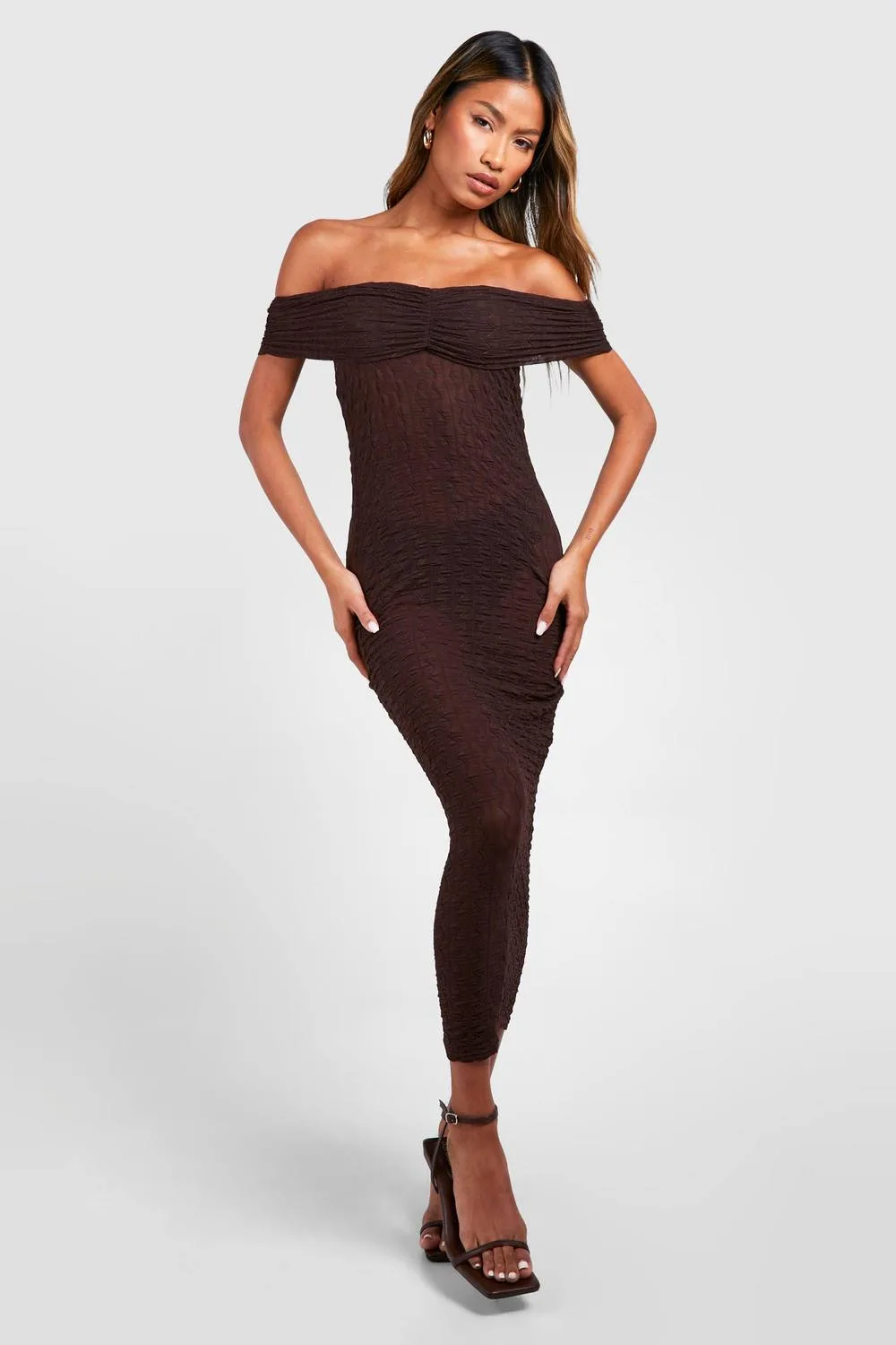 Bardot Ruched Textured Midaxi Dress by boohoo