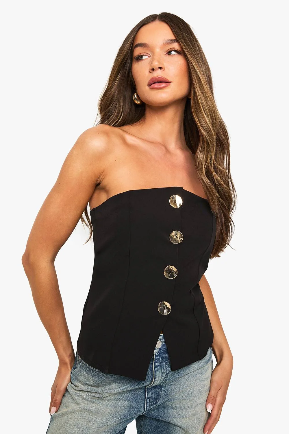 Gold Button Bandeau Top by boohoo