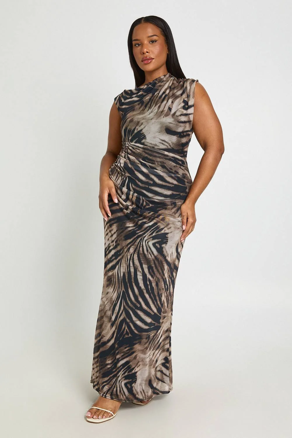 Plus Zebra Mesh Asymmetric Maxi Dress by boohoo