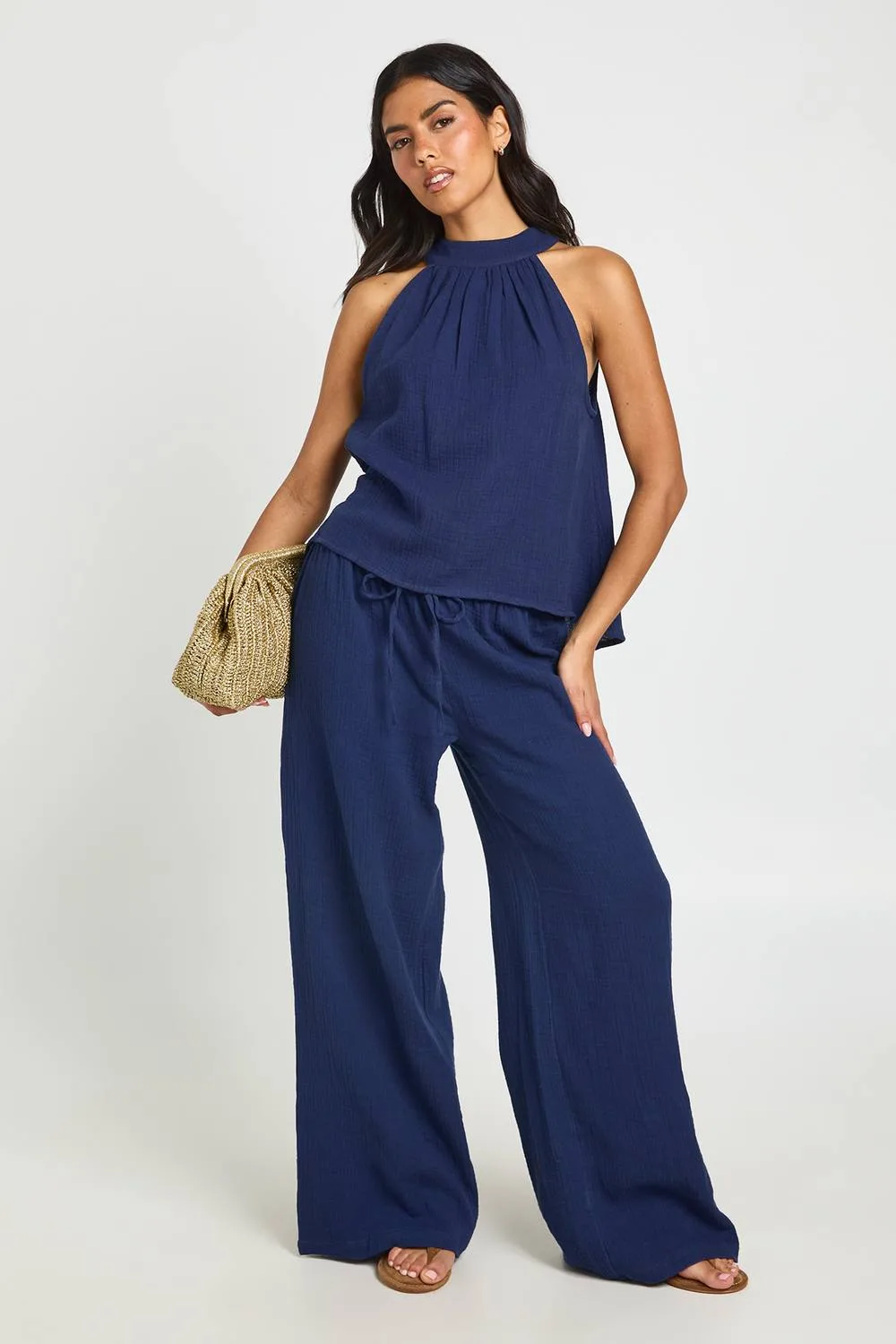 Cheesecloth Low Rise Drawcord Wide Leg Trousers by boohoo