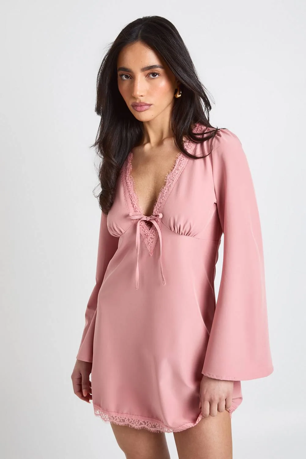 Flared Sleeve Lace Trim Mini Dress by boohoo