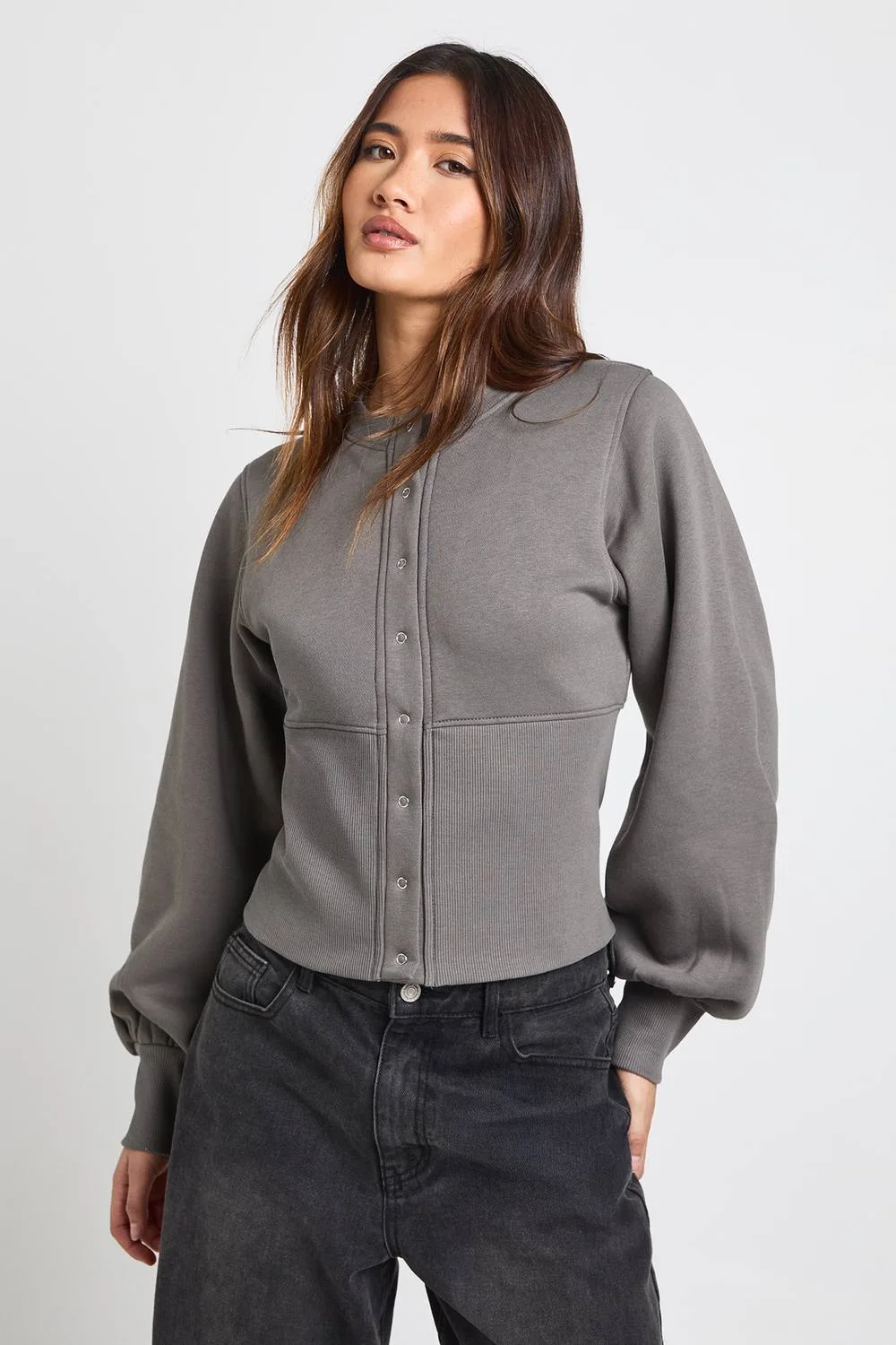 Balloon Sleeve Cinched Waist Popper Sweatshirt by boohoo