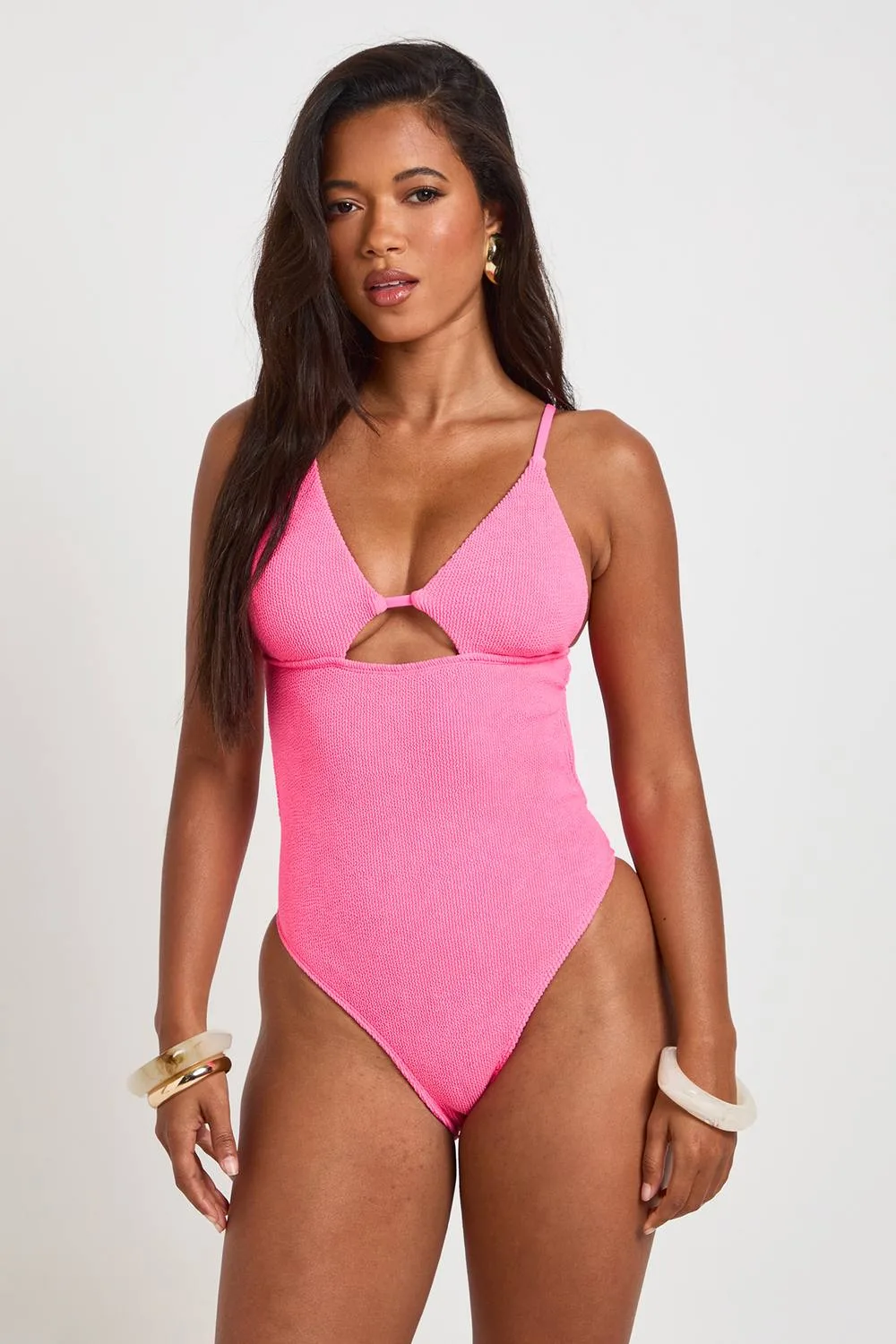 Plunge Keyhole Cut Out Crinkle Swimsuit