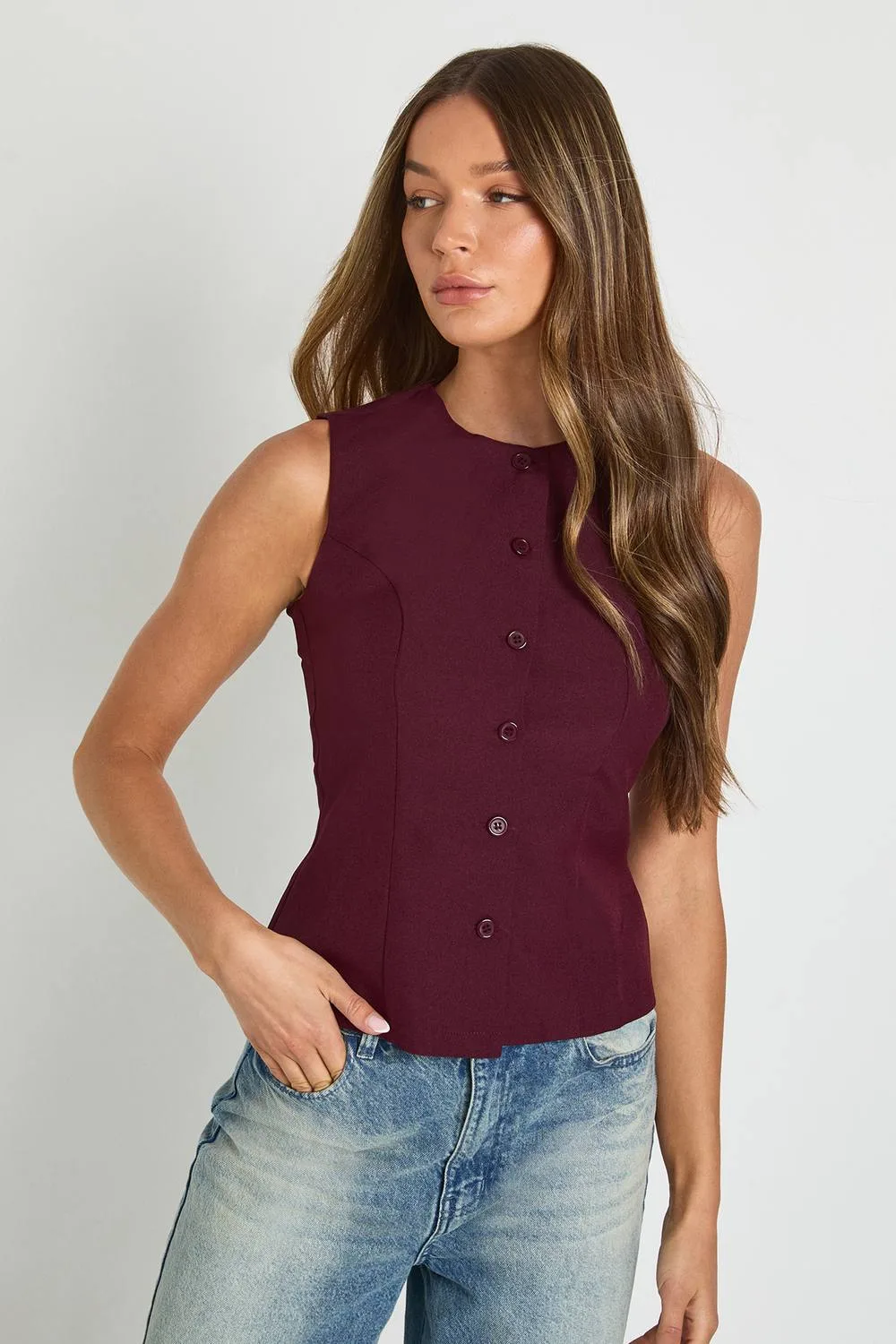 High Neck Button Down Tailored Waistcoat by boohoo