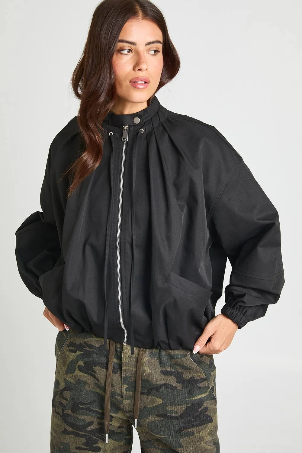 Zip Through Gather Detail Bomber Jacket by boohoo