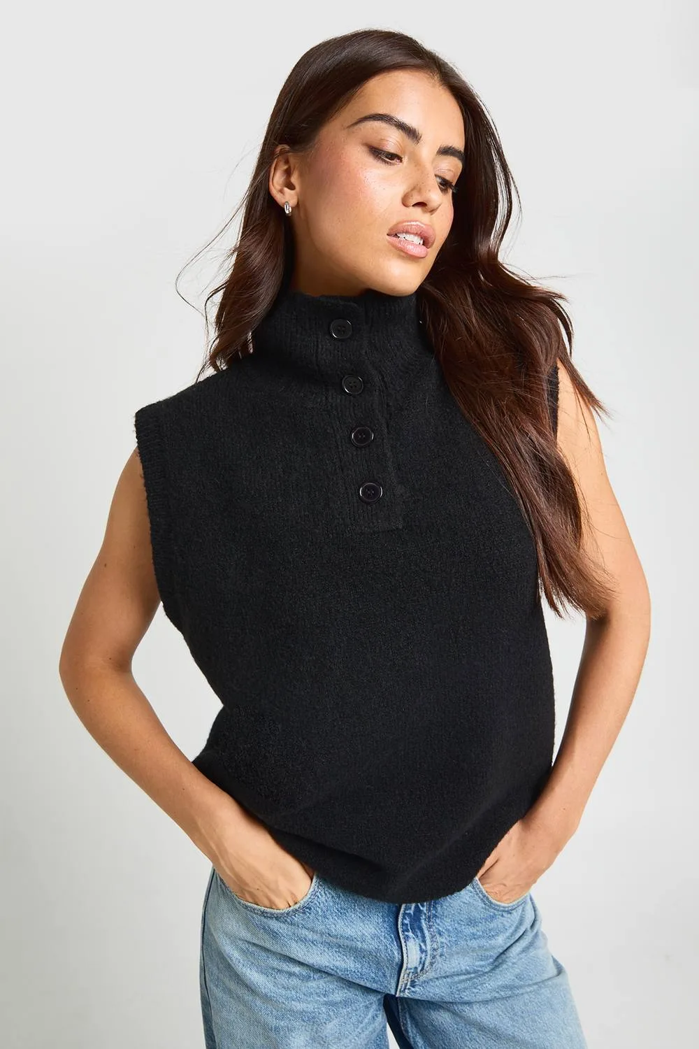 High Neck Button Detail Sleeveless Vest by boohoo
