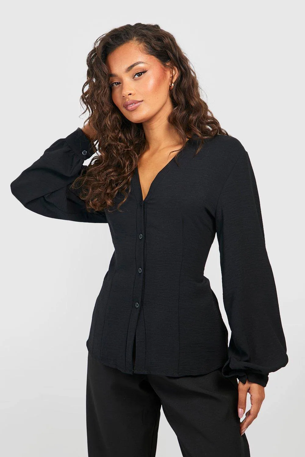 Hammered Volume Sleeve Fitted Blouse by boohoo
