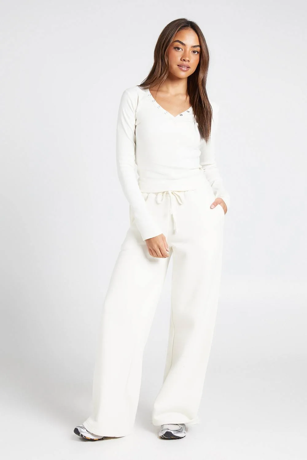 Button Detail Long Sleeve Top & Straight Leg Jogger Tracksuit by boohoo