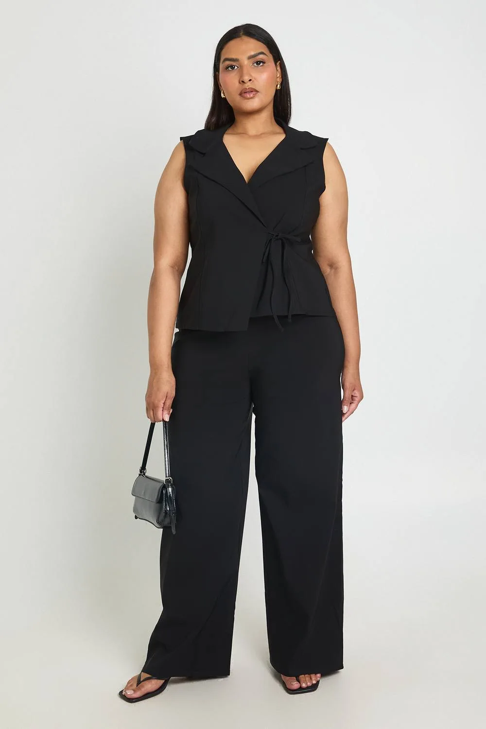 Bengaline V Neck Wrap Over Waistcoat & Wide Leg Trouser Co Ord by boohoo