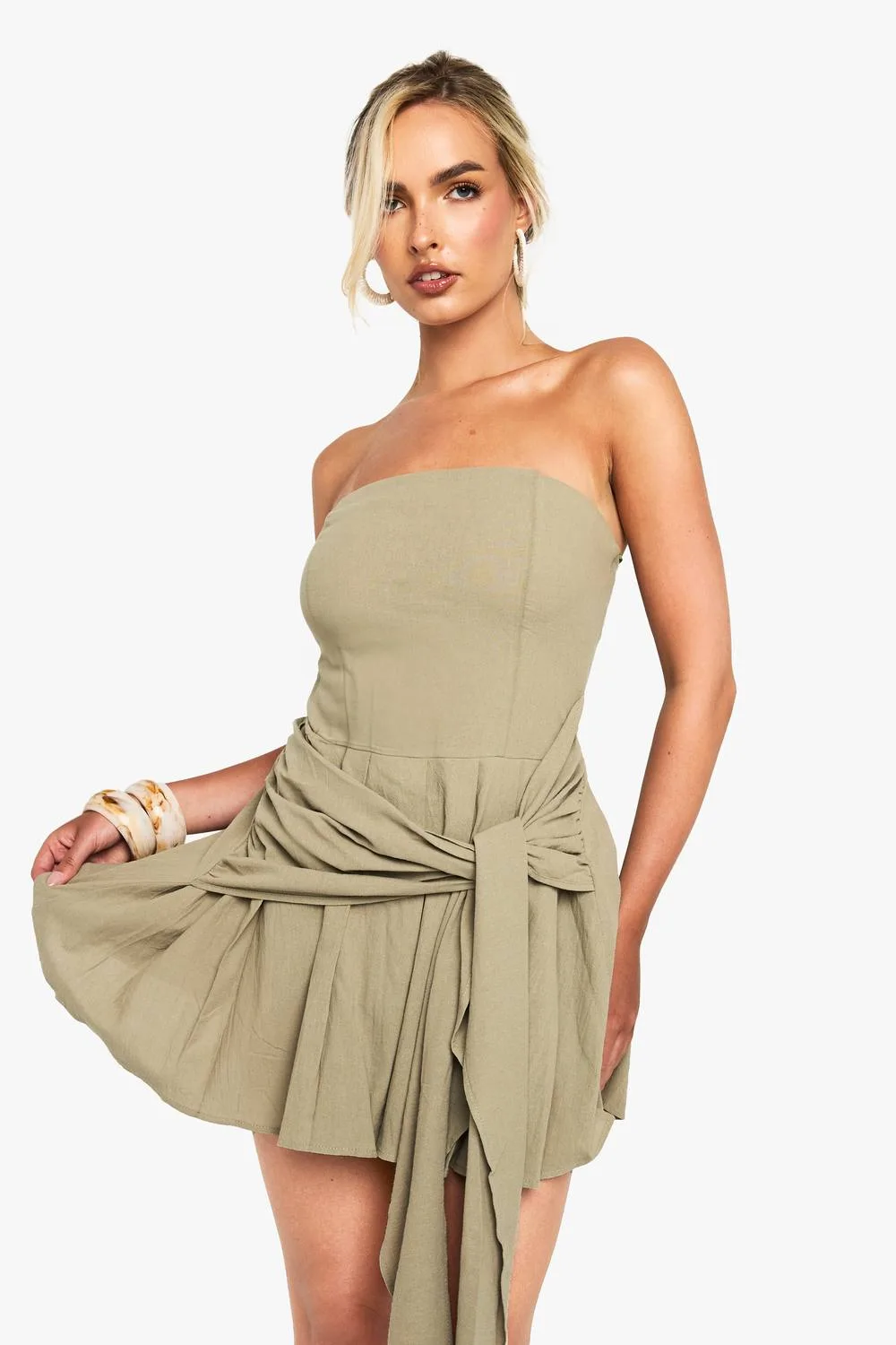 Linen Look Pleated Wrap Mini Dress by boohoo