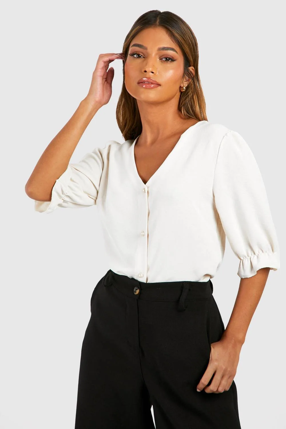 Hammered Puff Sleeve Button Front Blouse by boohoo