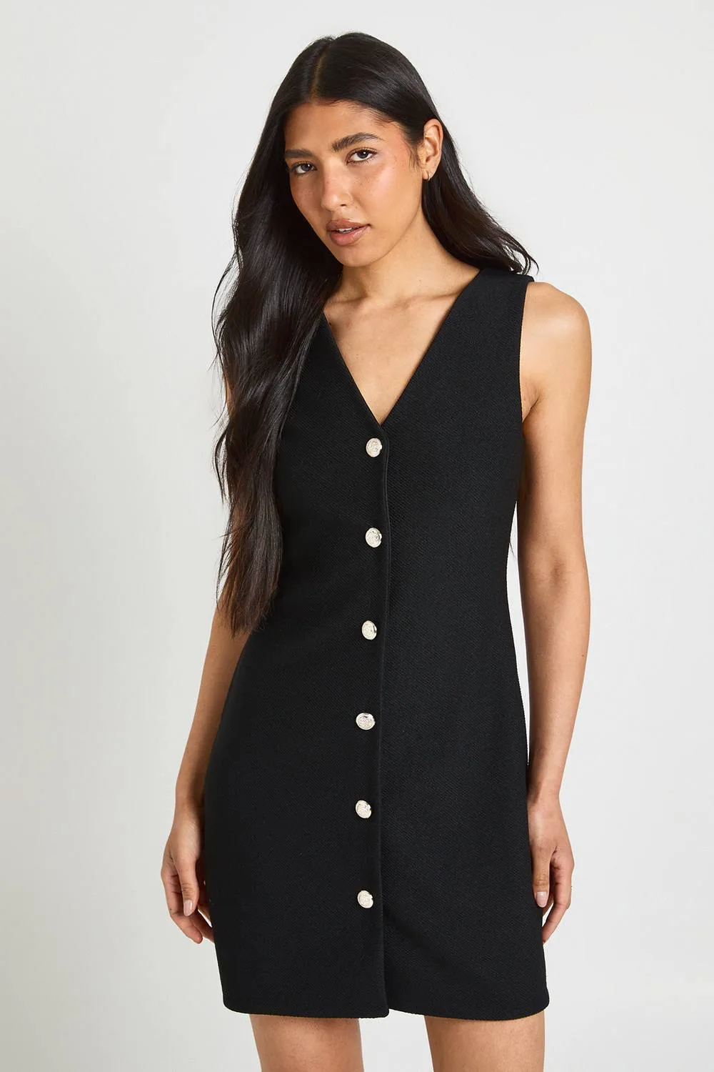 Gold Button V Neck Shift Dress by boohoo