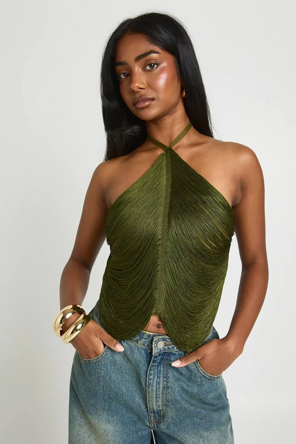 Fringe Halter Corset Top by boohoo