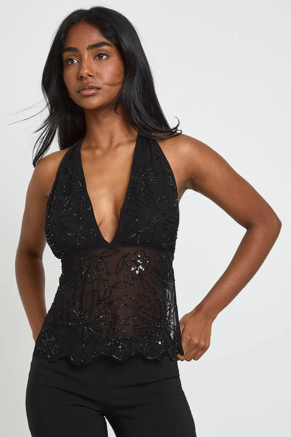 Beaded Sequin Halterneck Top by boohoo
