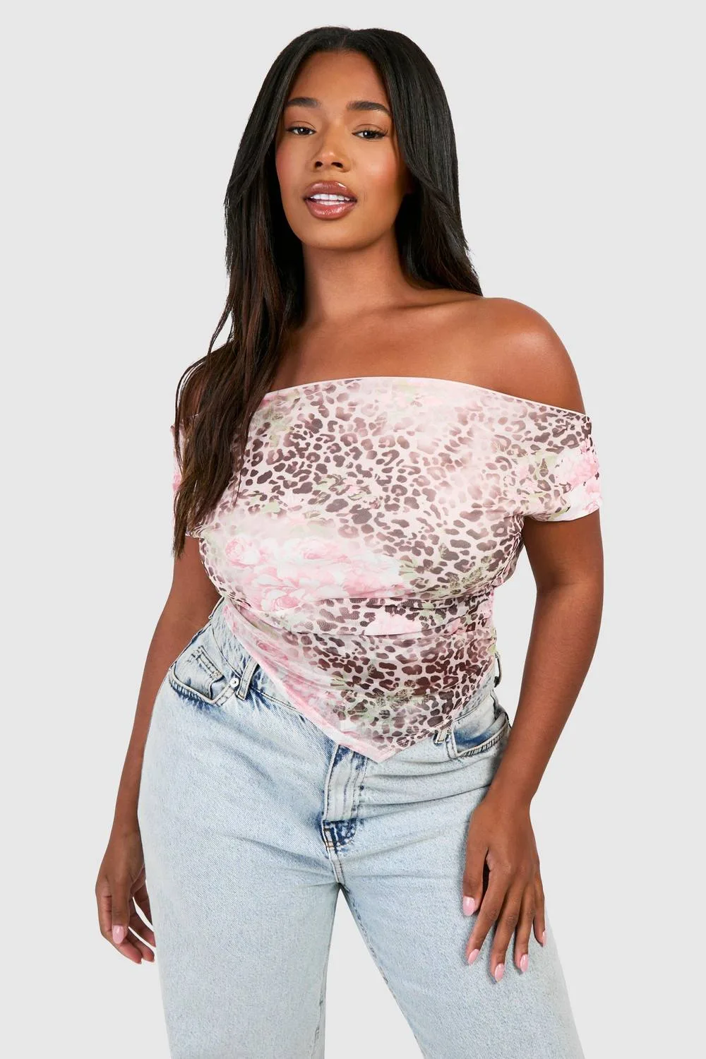 Faded Leopard Mesh Cowl Front & Back Top by boohoo