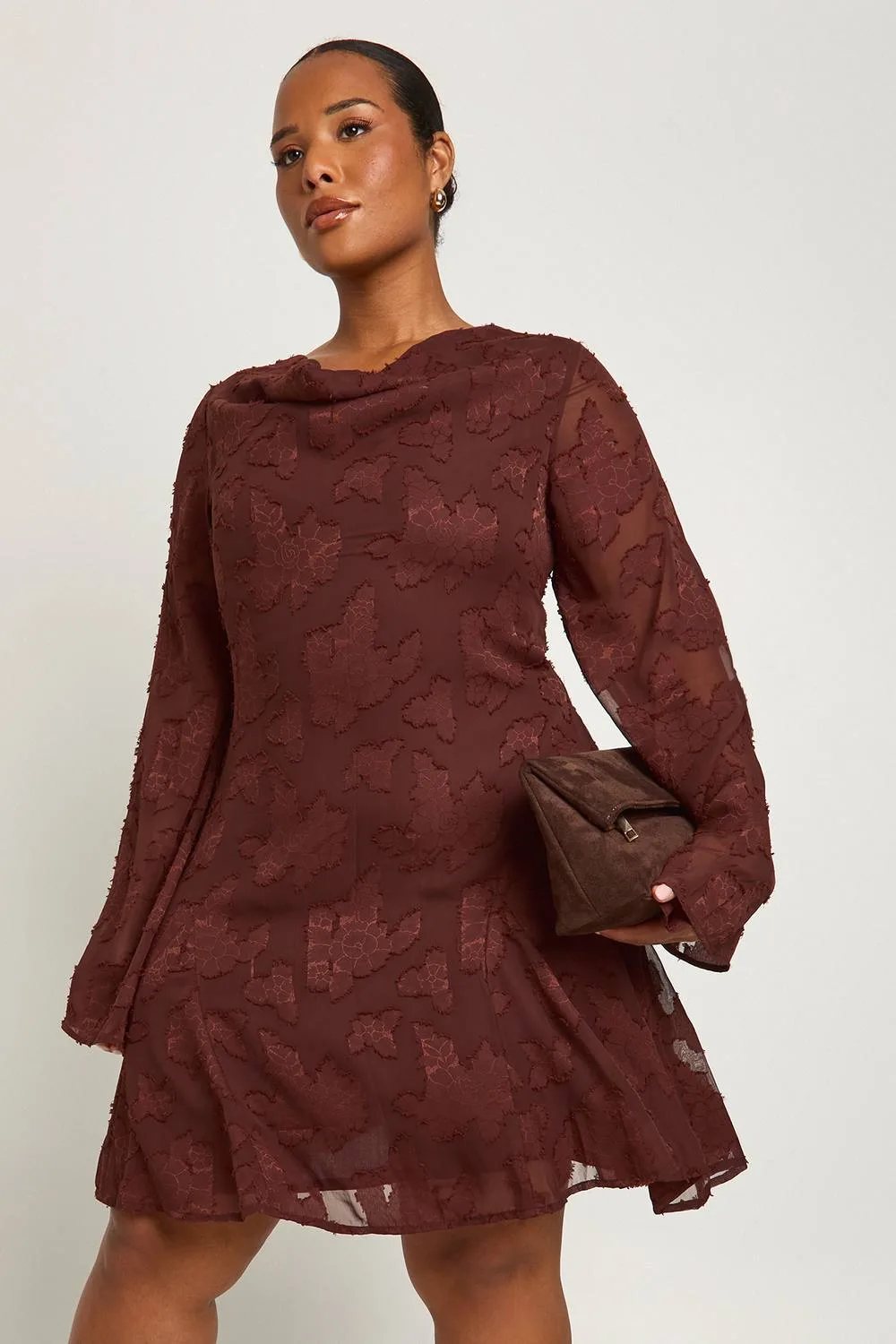 Burnout Cowl Neck Front Ruffle Skater Dress by boohoo