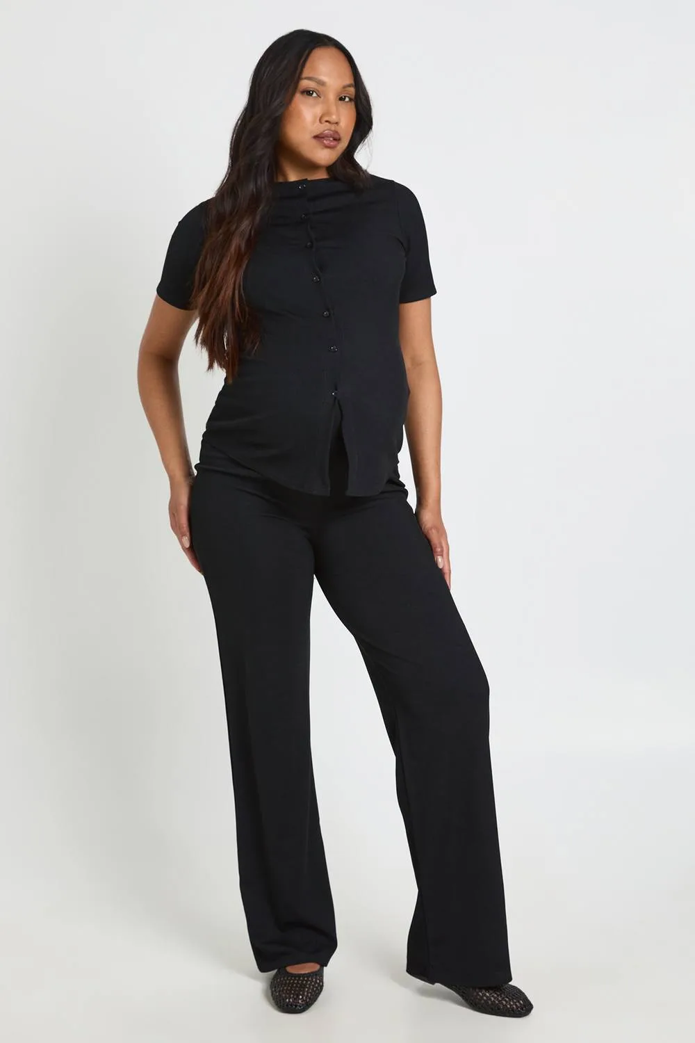 Maternity Soft Knit Button Cardigan & Wide Leg Trouser