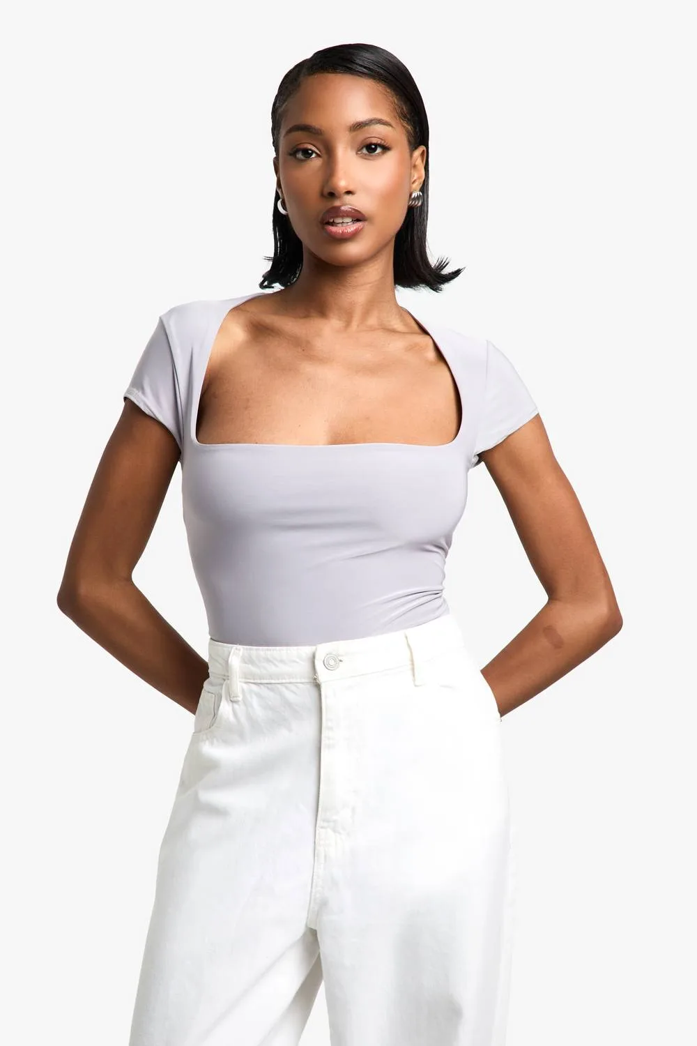 Double Layer Slinky Square Neck Cap Sleeve Bodysuit by boohoo