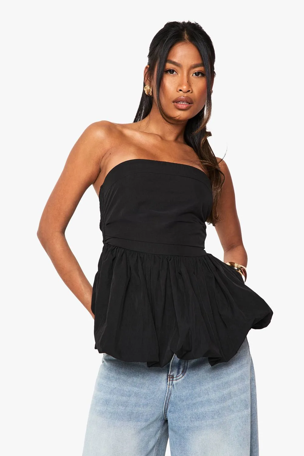 Shirred Back Peplum Puffball Bandeau Top by boohoo