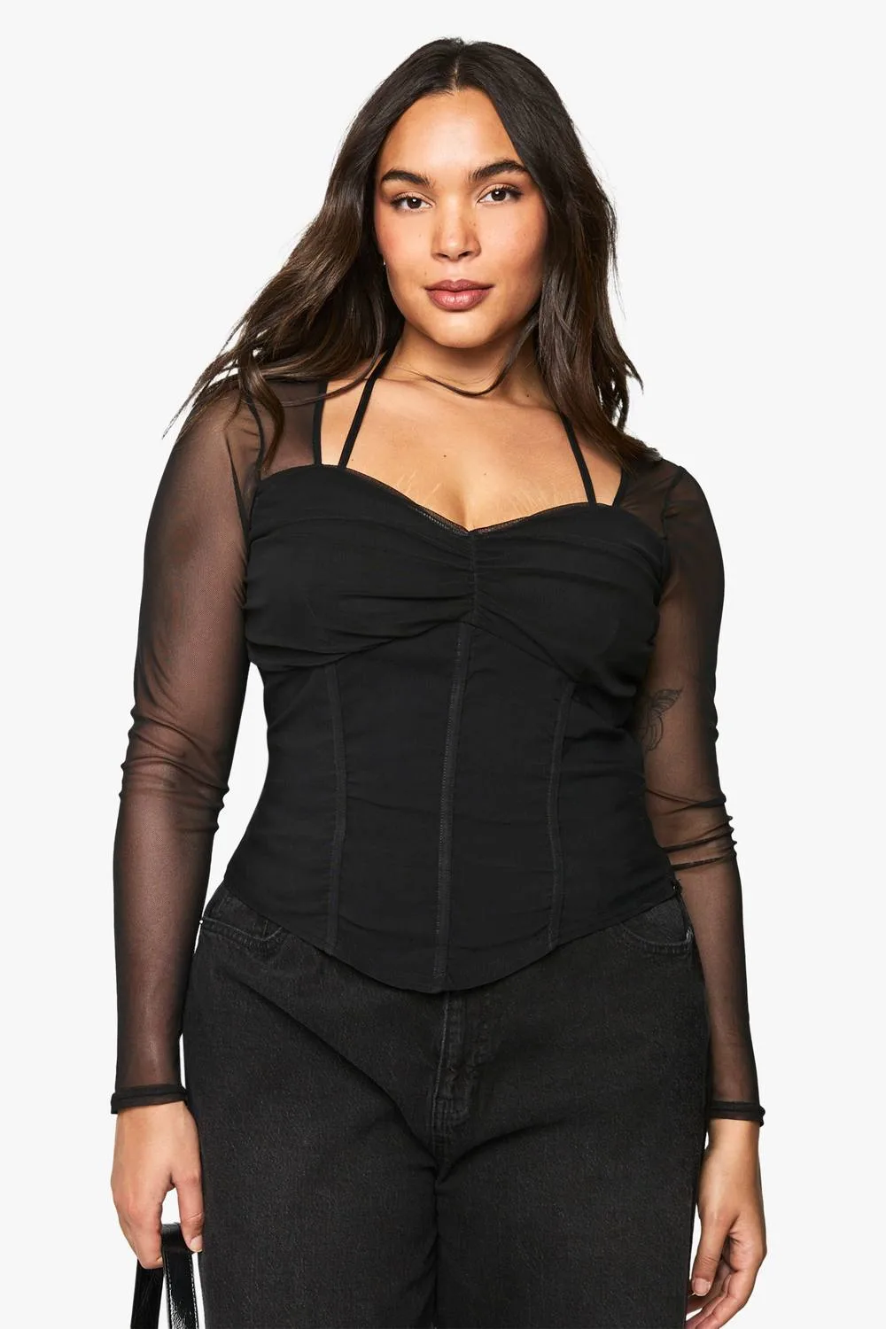 Bengaline Mesh Sleeve Corset Top by boohoo