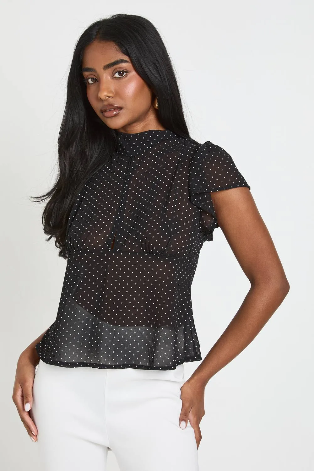 Polka Dot High Neck Angel Sleeve Blouse by boohoo