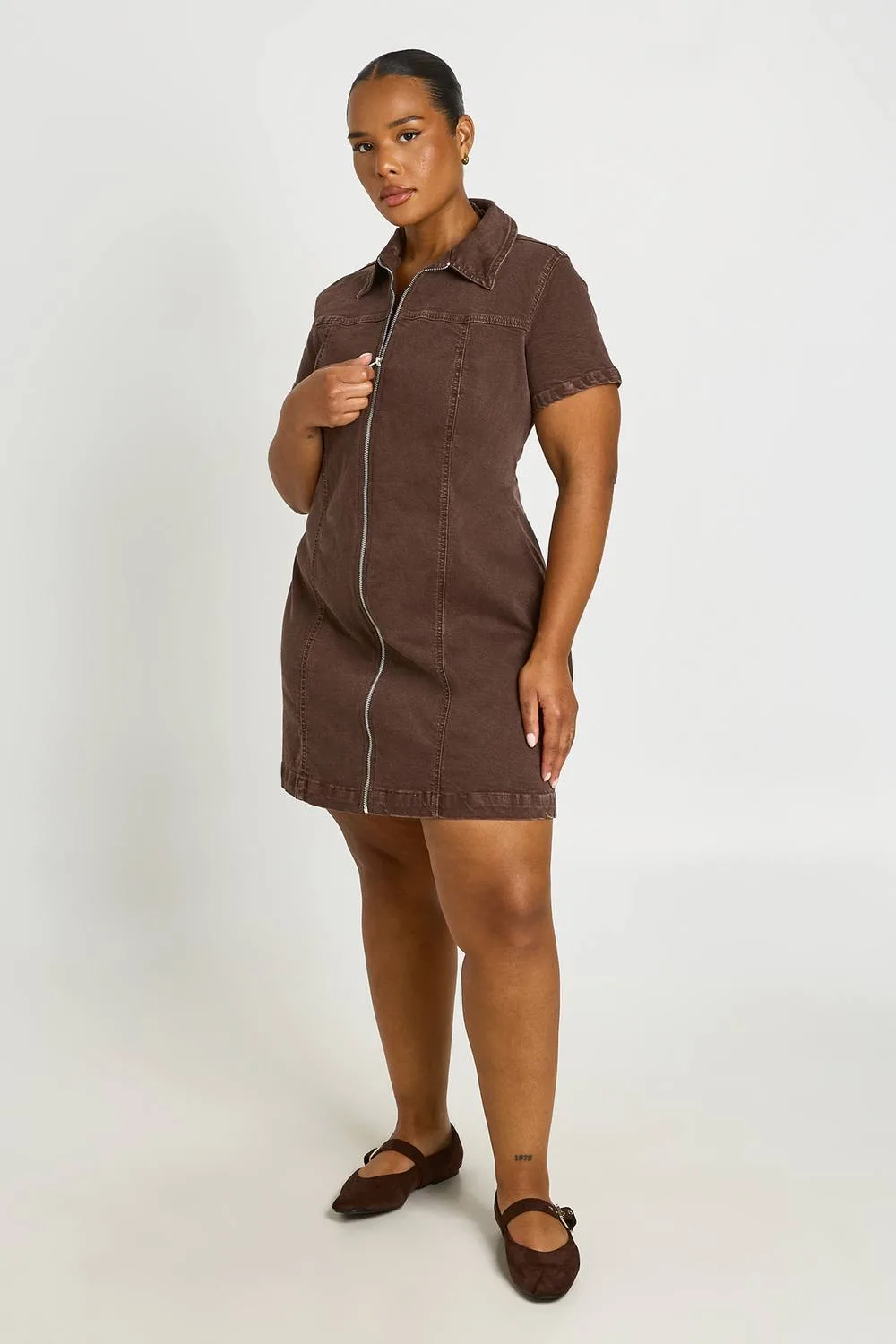 Short Sleeve Zip Front Denim Dress by boohoo