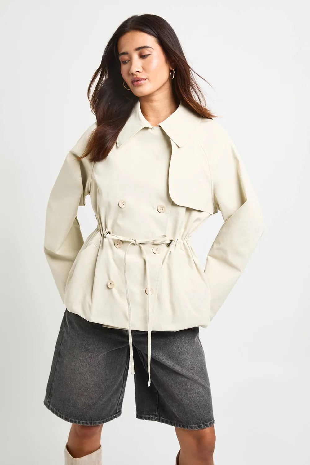 Cinched Waist Short Trench Coat - Stone by boohoo