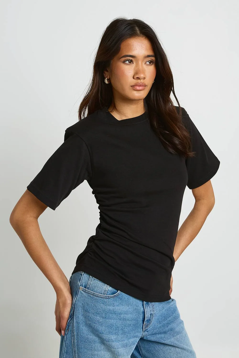 Shoulder Pad Ruched Side Seam T-Shirt