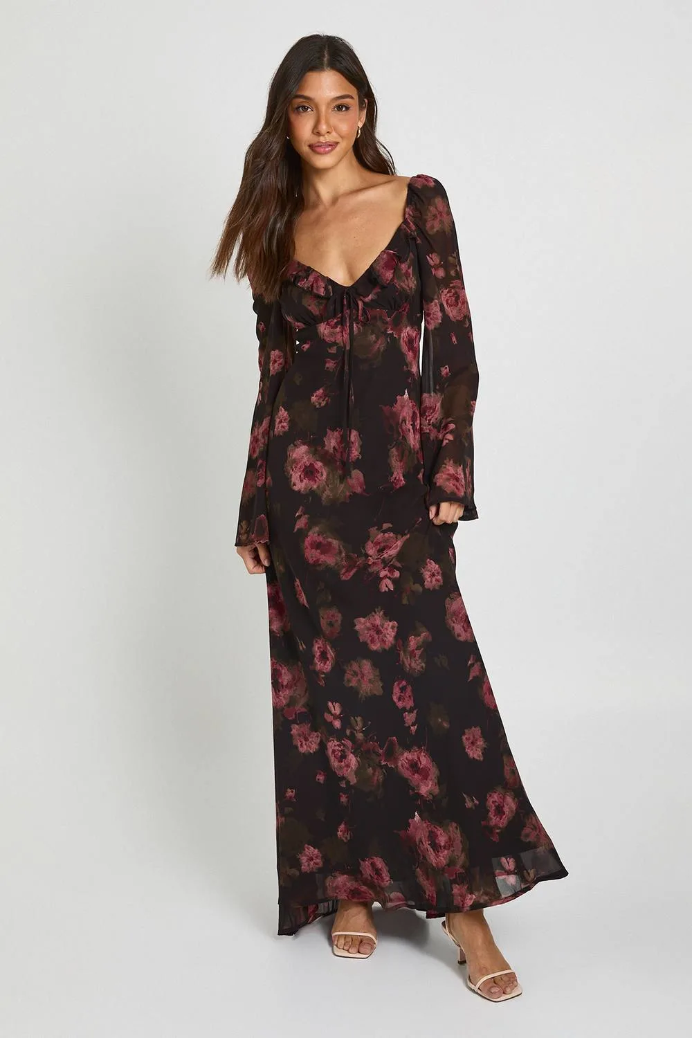 Tonal Floral Chiffon Flared Sleeve Maxi Dress by boohoo