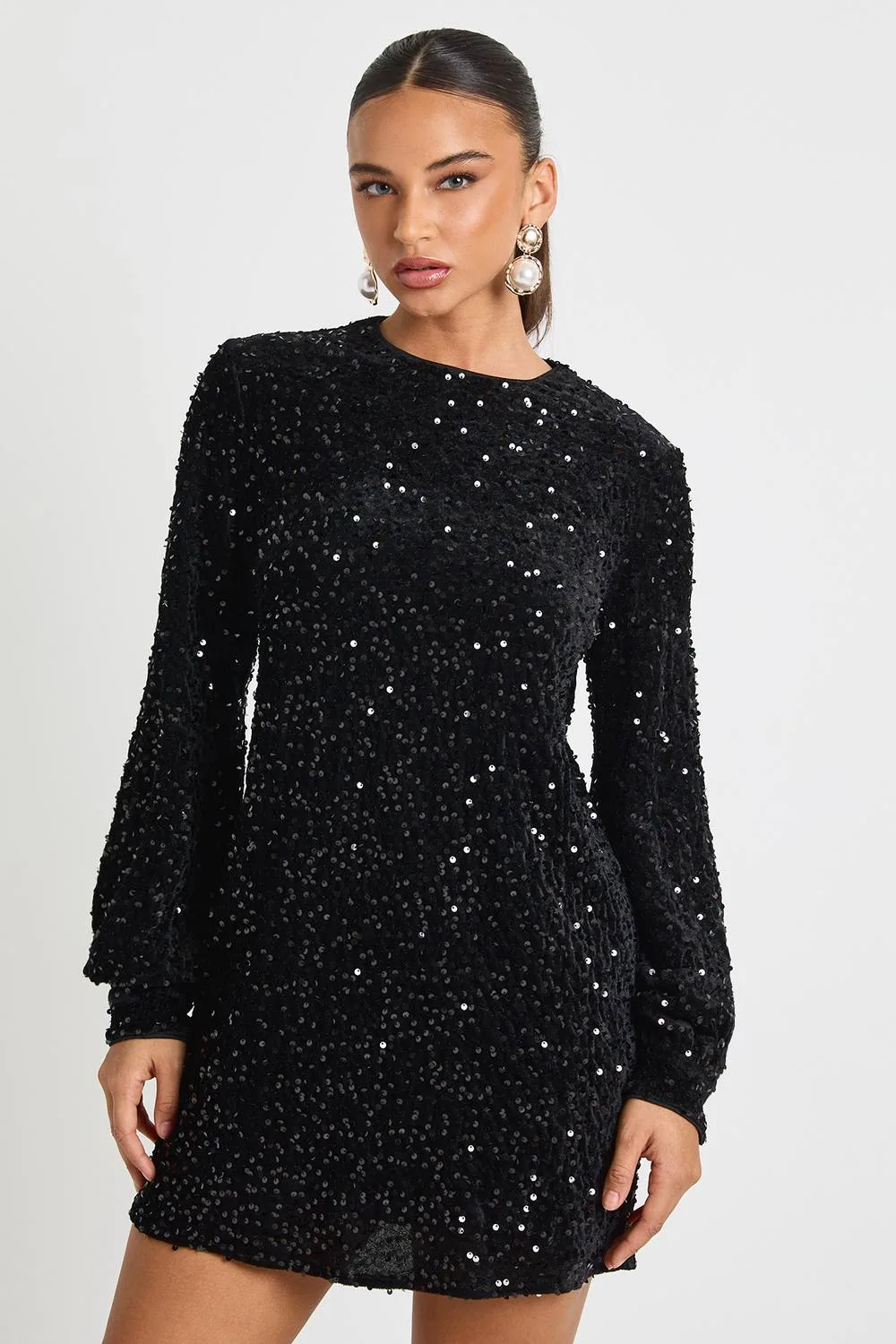 Sequin Blouson Sleeve Shift Party Dress by boohoo
