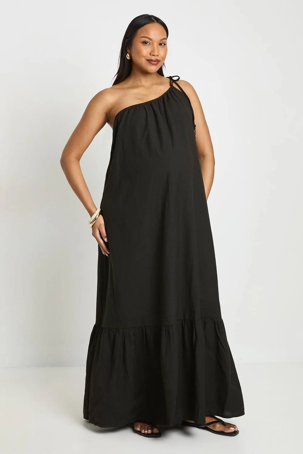 Maternity Beaded Tie One Shoulder Smock Maxi Dress by boohoo