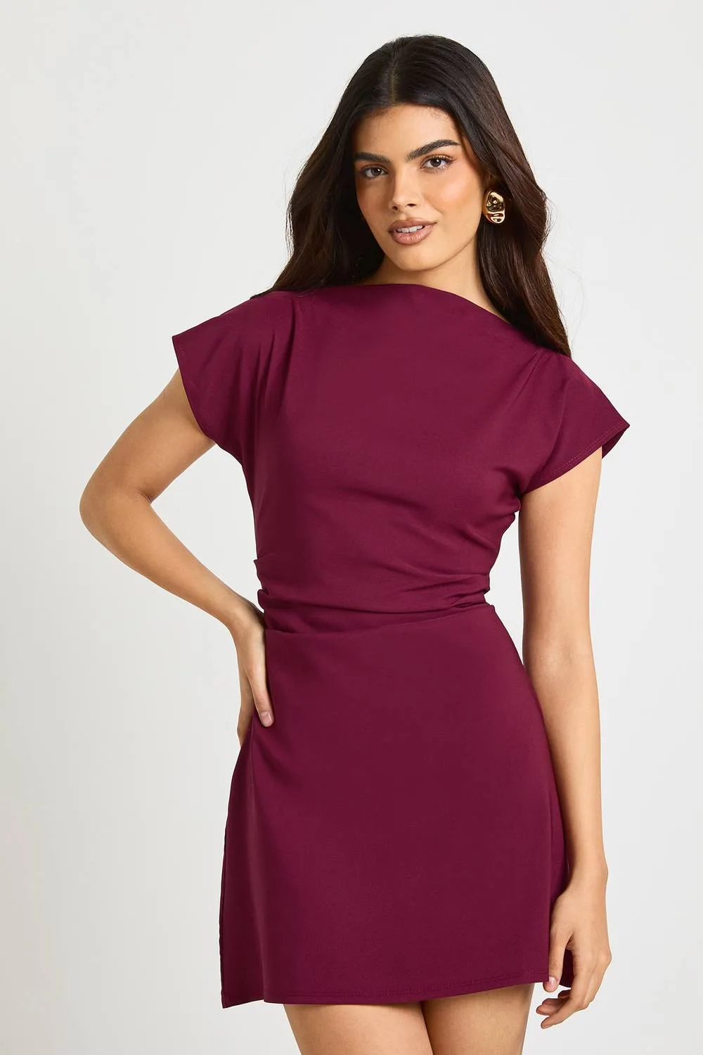Ruched High Neck Cap Sleeve Shift Dress by boohoo