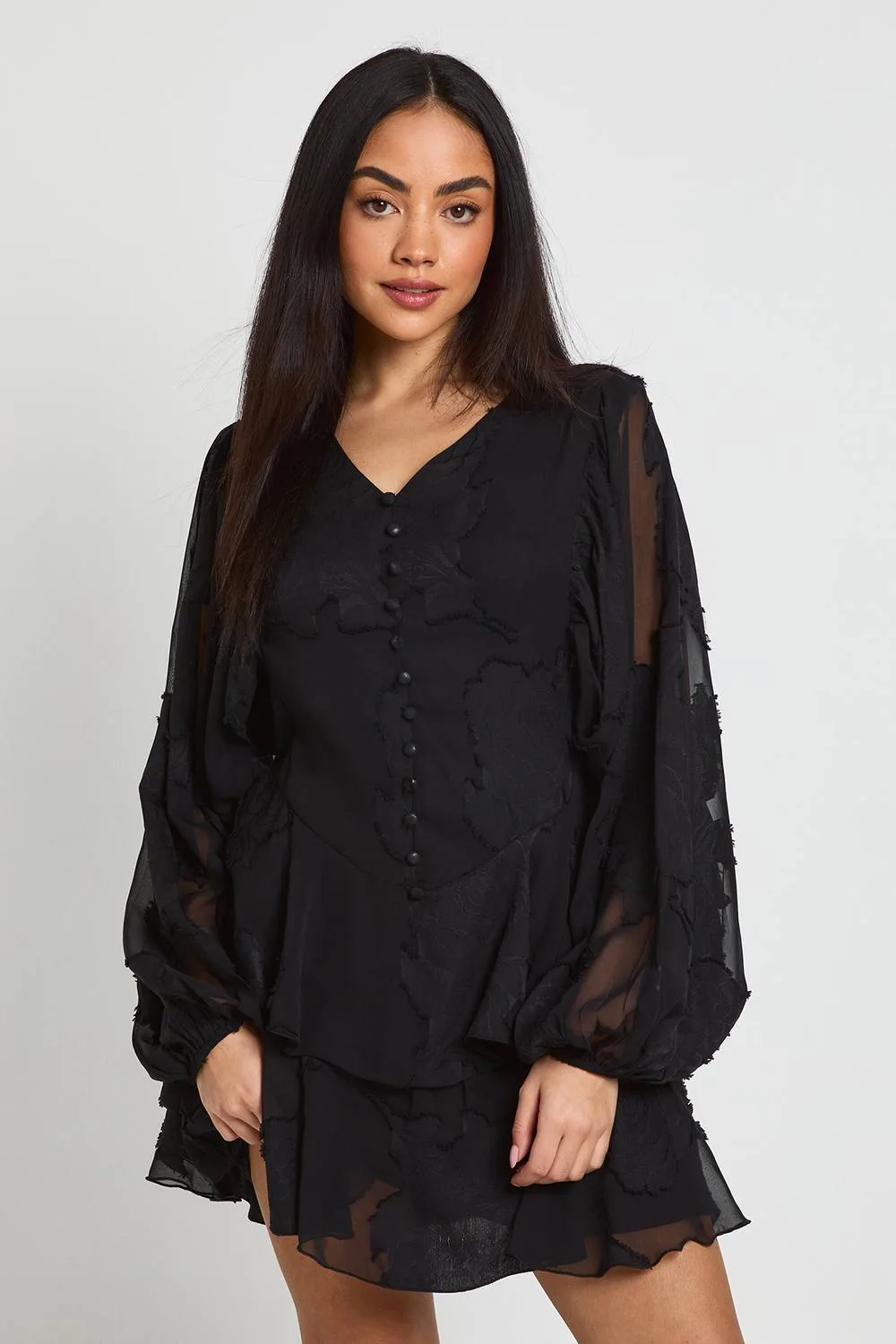 Floral Burnout Volume Sleeve Ruffle Hem Mini Dress by boohoo