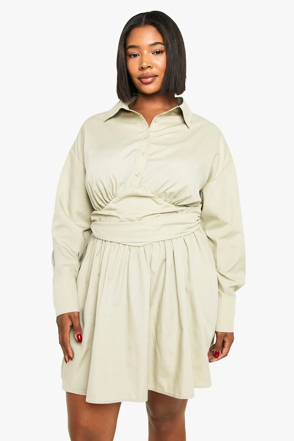 Gathered Waist Detail Skater Shirt Dress by boohoo
