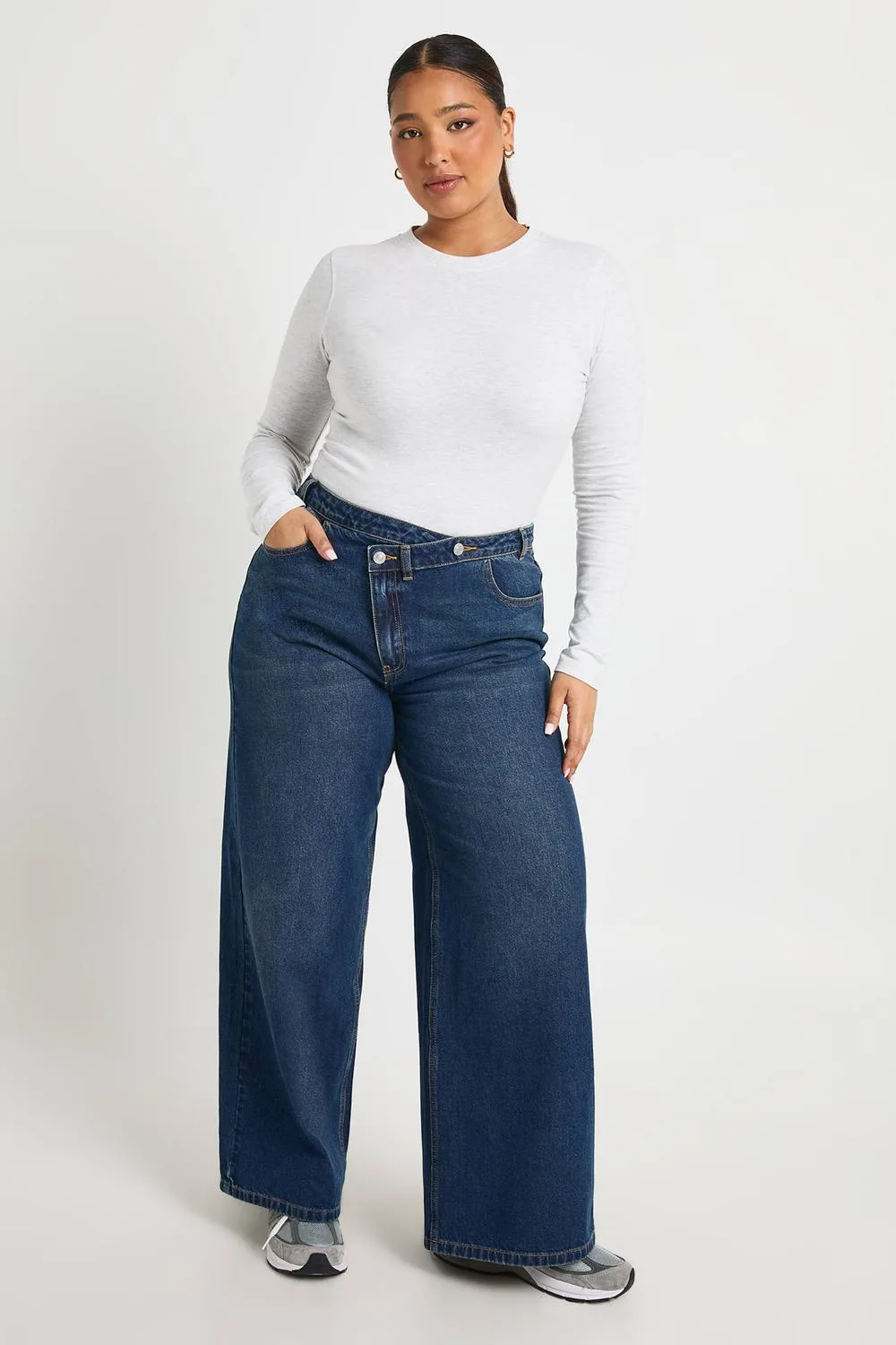 High Waist Crossover Waistband Wide Leg Jean by boohoo