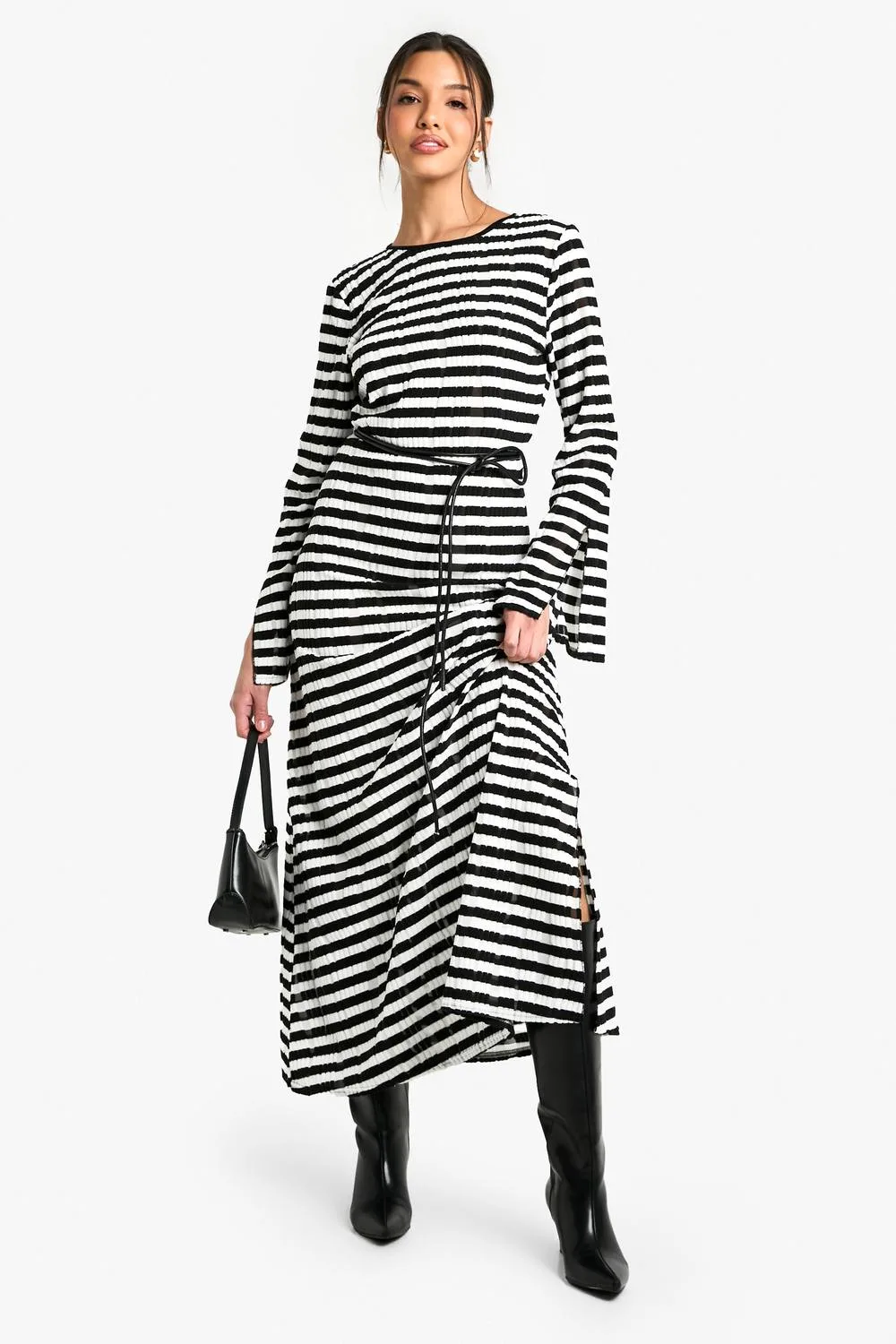 Textured Stripe Flare Sleeve Midaxi Dress by boohoo